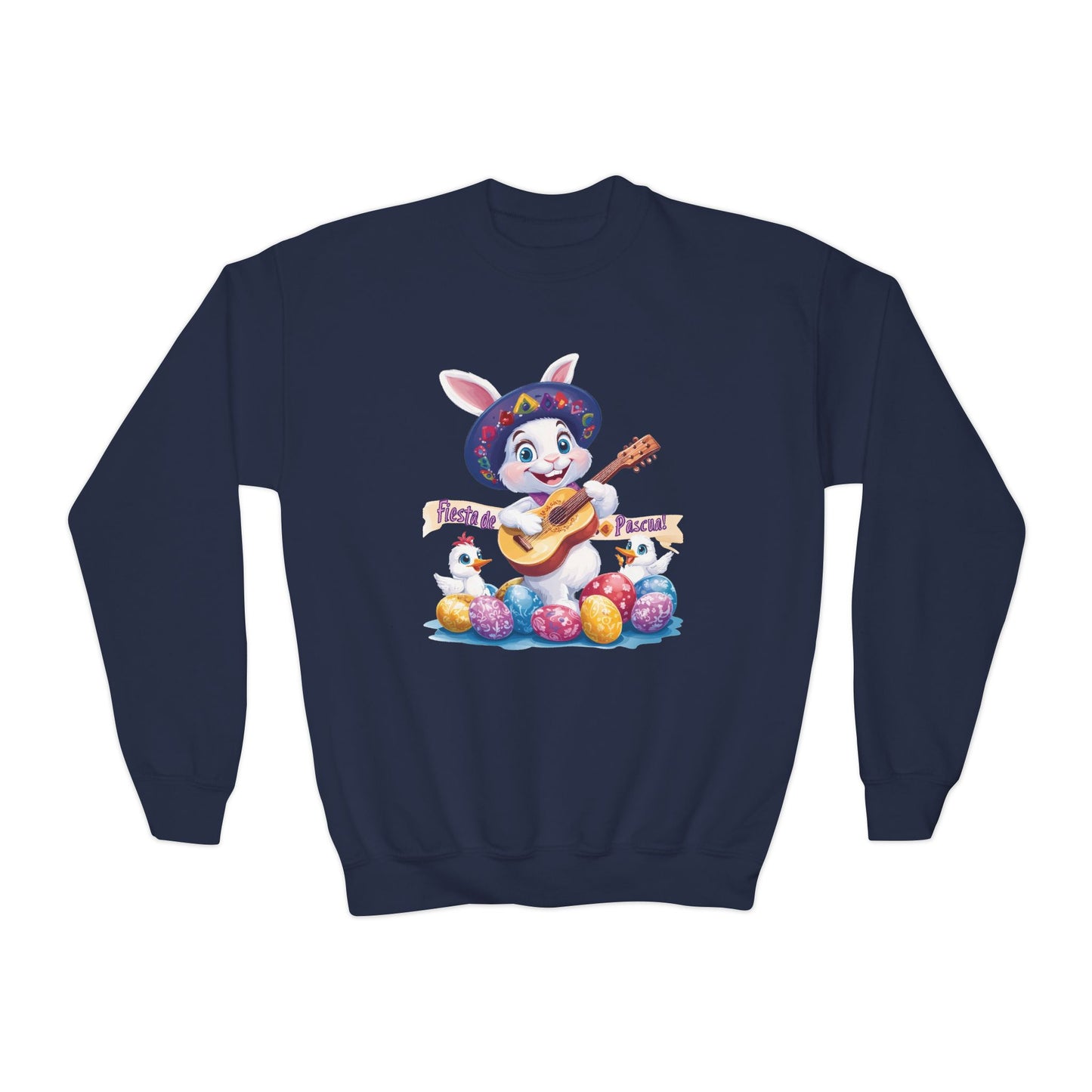 Fiesta de Pascua Bunny Sweatshirt - Mexican Easter Crewneck for Kids, Cute Spring Gift with Guitar Playing Bunny and Colorful Eggs