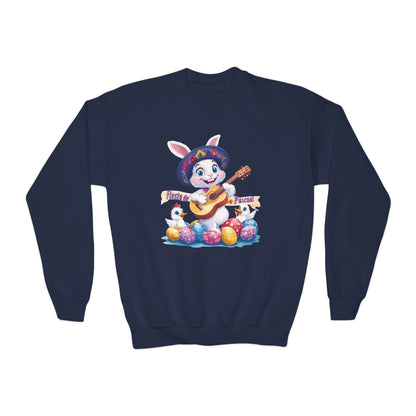 Fiesta de Pascua Bunny Sweatshirt - Mexican Easter Crewneck for Kids, Cute Spring Gift with Guitar Playing Bunny and Colorful Eggs