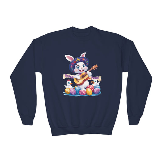 Fiesta de Pascua Bunny Sweatshirt - Mexican Easter Crewneck for Kids, Cute Spring Gift with Guitar Playing Bunny and Colorful Eggs