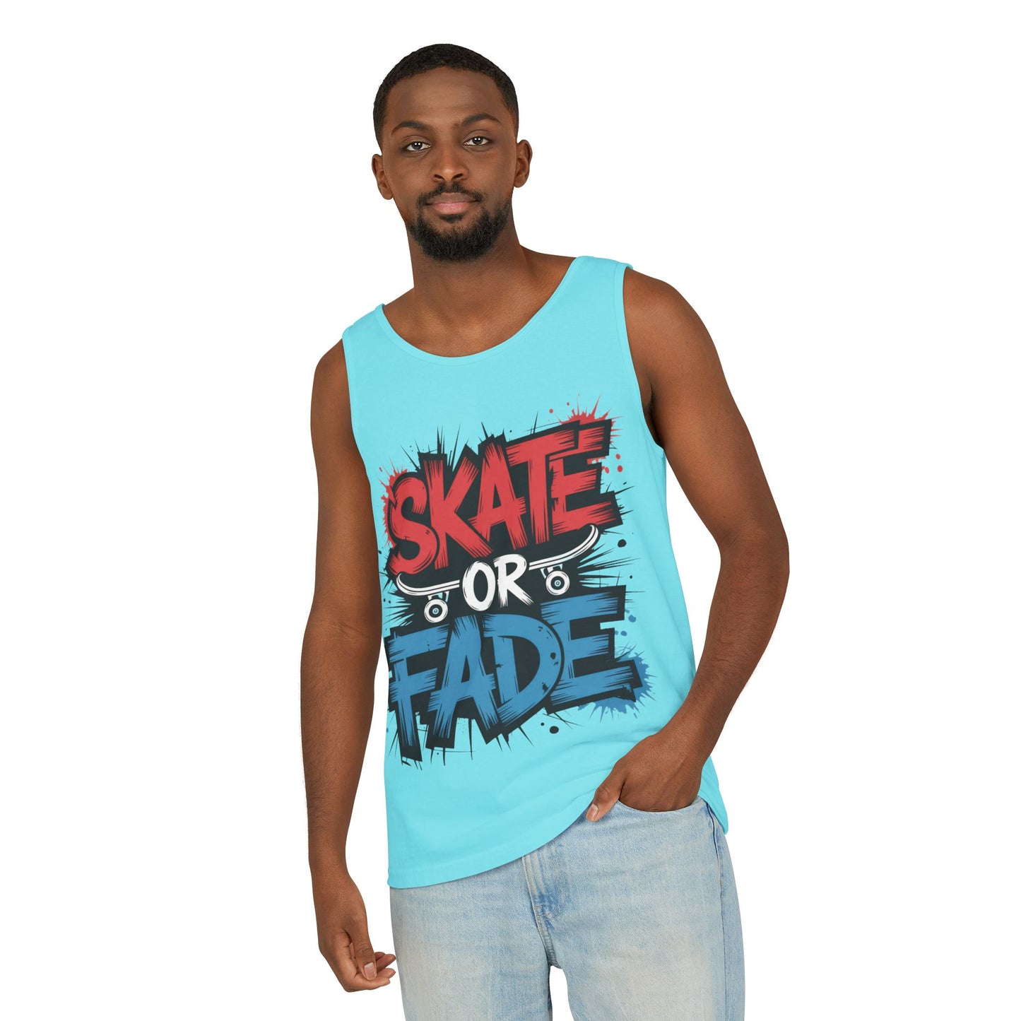 Skate Or Fade Men's Tank Top, Graffiti Skateboard Graphic Muscle Shirt, Urban Streetwear Sleeveless Top, Men's Garment-Dyed Tank Top