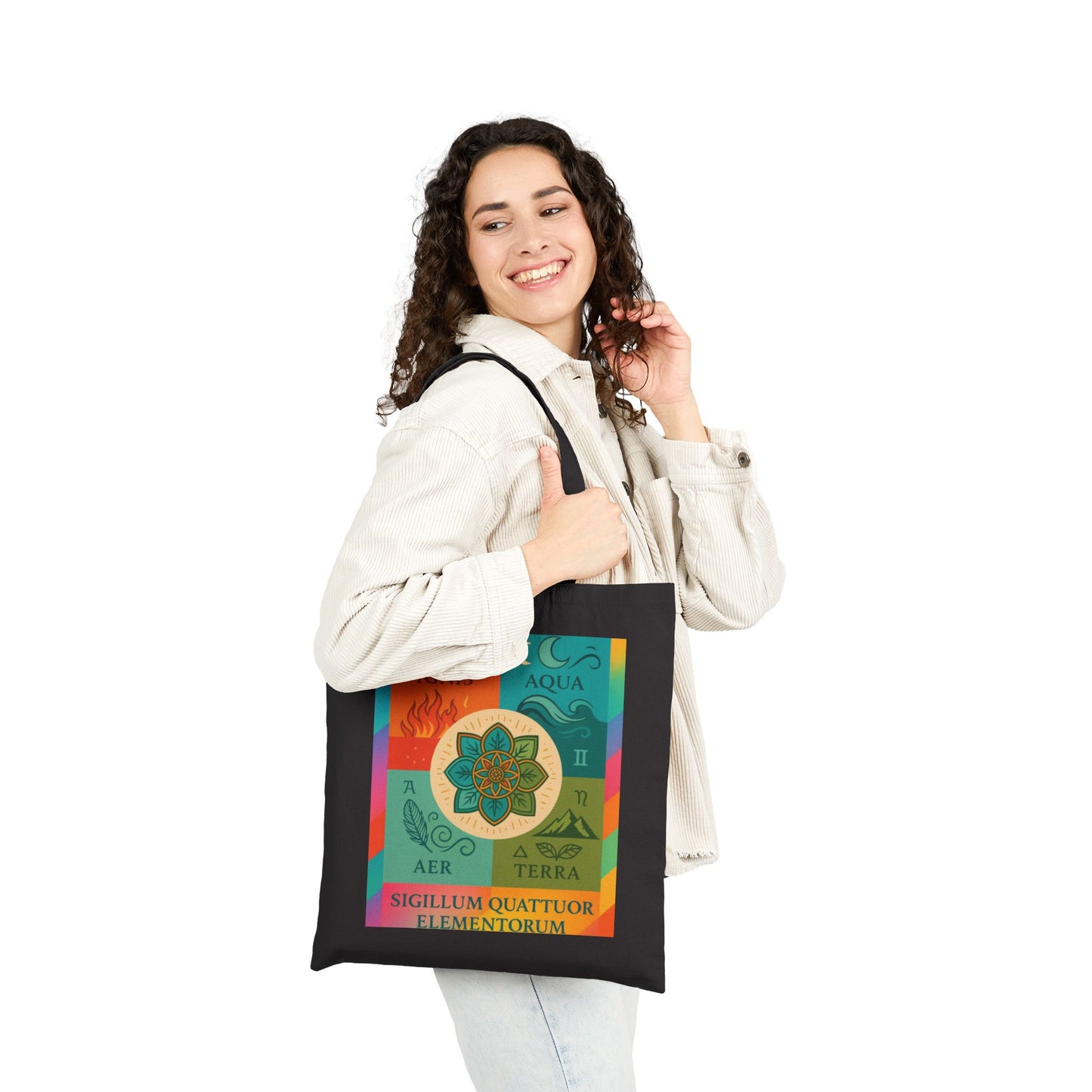 Four Elements Mandala Tote Bag, Fire, Water, Air, Earth Illustrated Symbolic Canvas Bag, Spiritual Boho Elemental Series Gift, Art Tote
