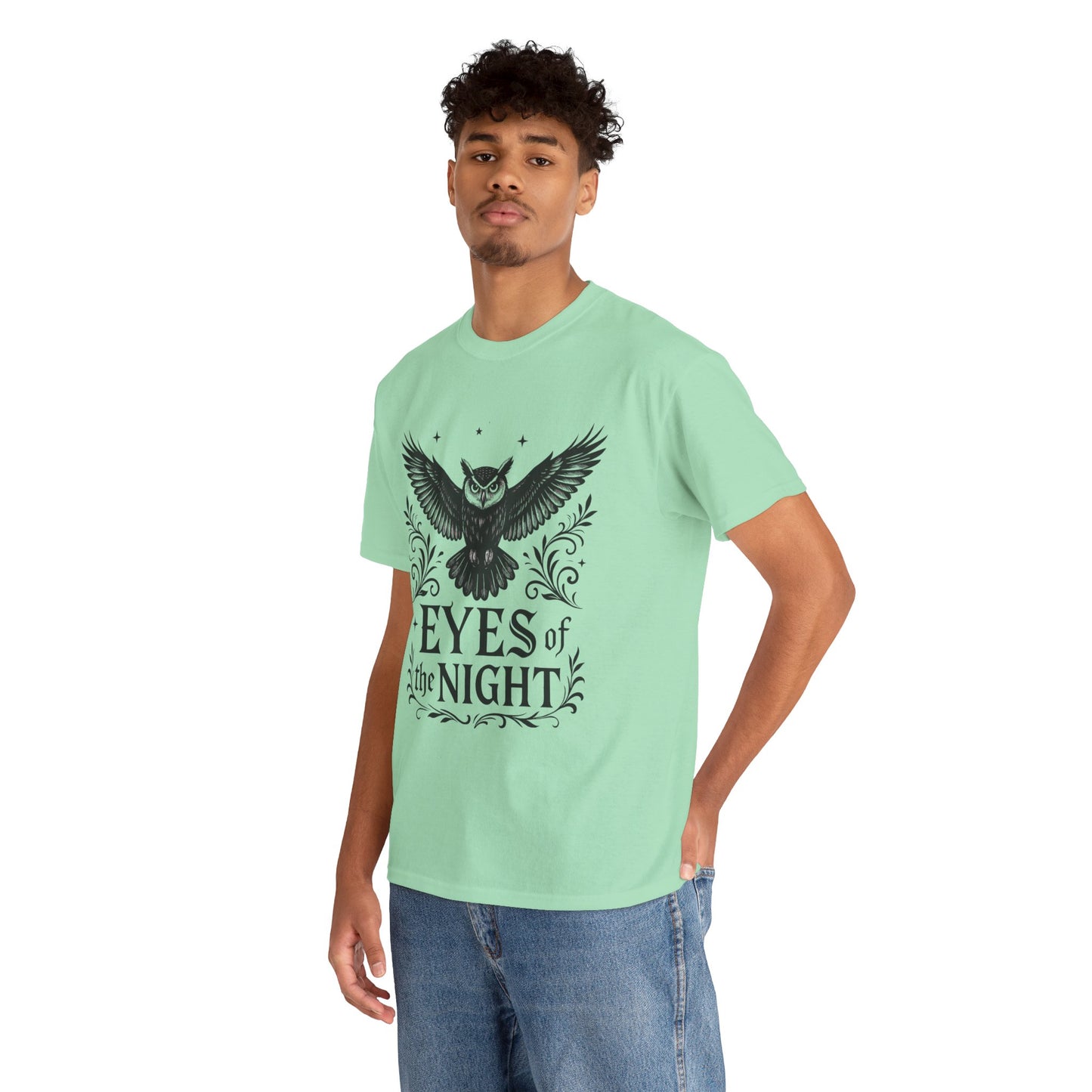 Cool Owl Graphic Unisex Heavy Cotton Tee, Flying Owl Art T-Shirt, Animal Print Tee, Gothic Bird Graphic Tee, Mens Gothic Style Shirt