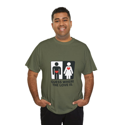Guess Where The Love Is Tee, Funny Couples Gift, Valentines Day Apparel, Relationship Humor Shirt, Graphic Tee for Him, Bold Love Joke Shirt