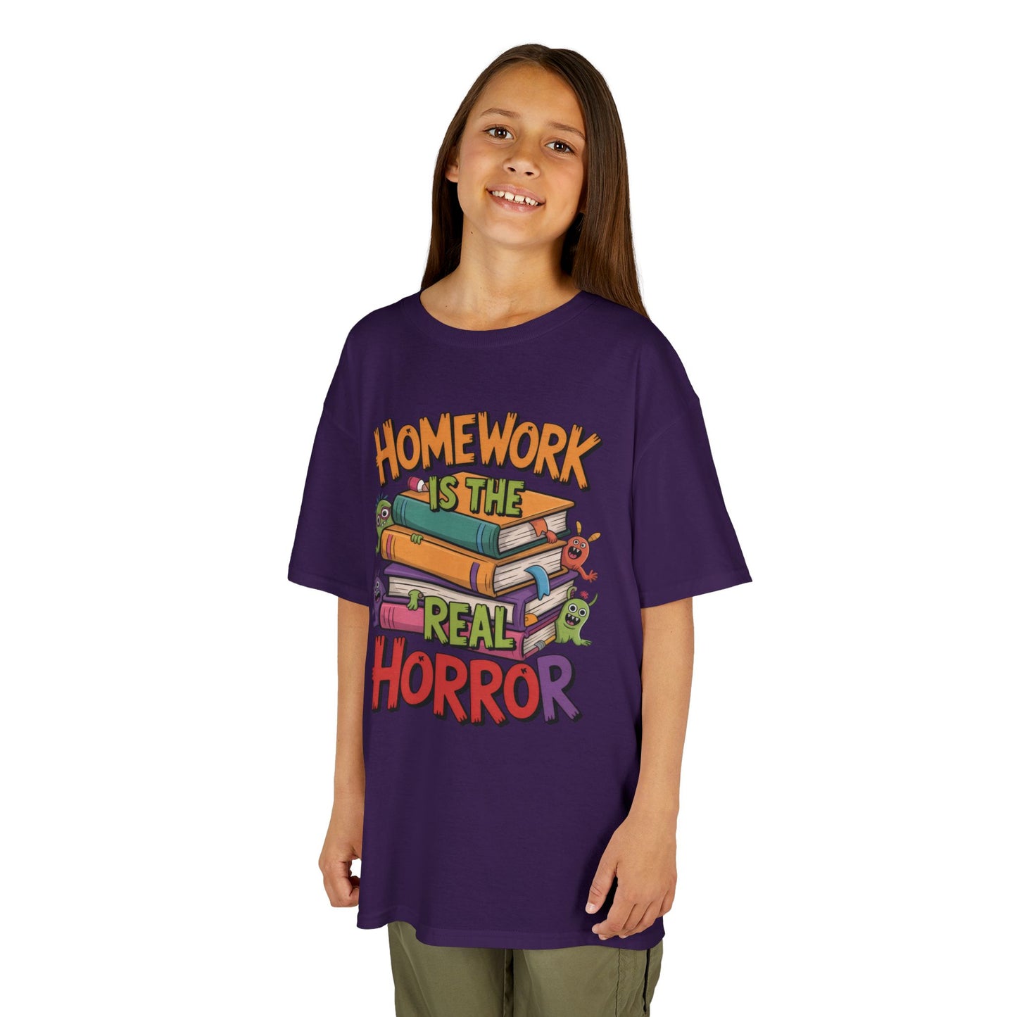 Kids Funny Homework Tee, Cute Monster School Shirt, Homework Is the Real Horror, Back to School Gift for Boys & Girls, Kids Halloween Tee