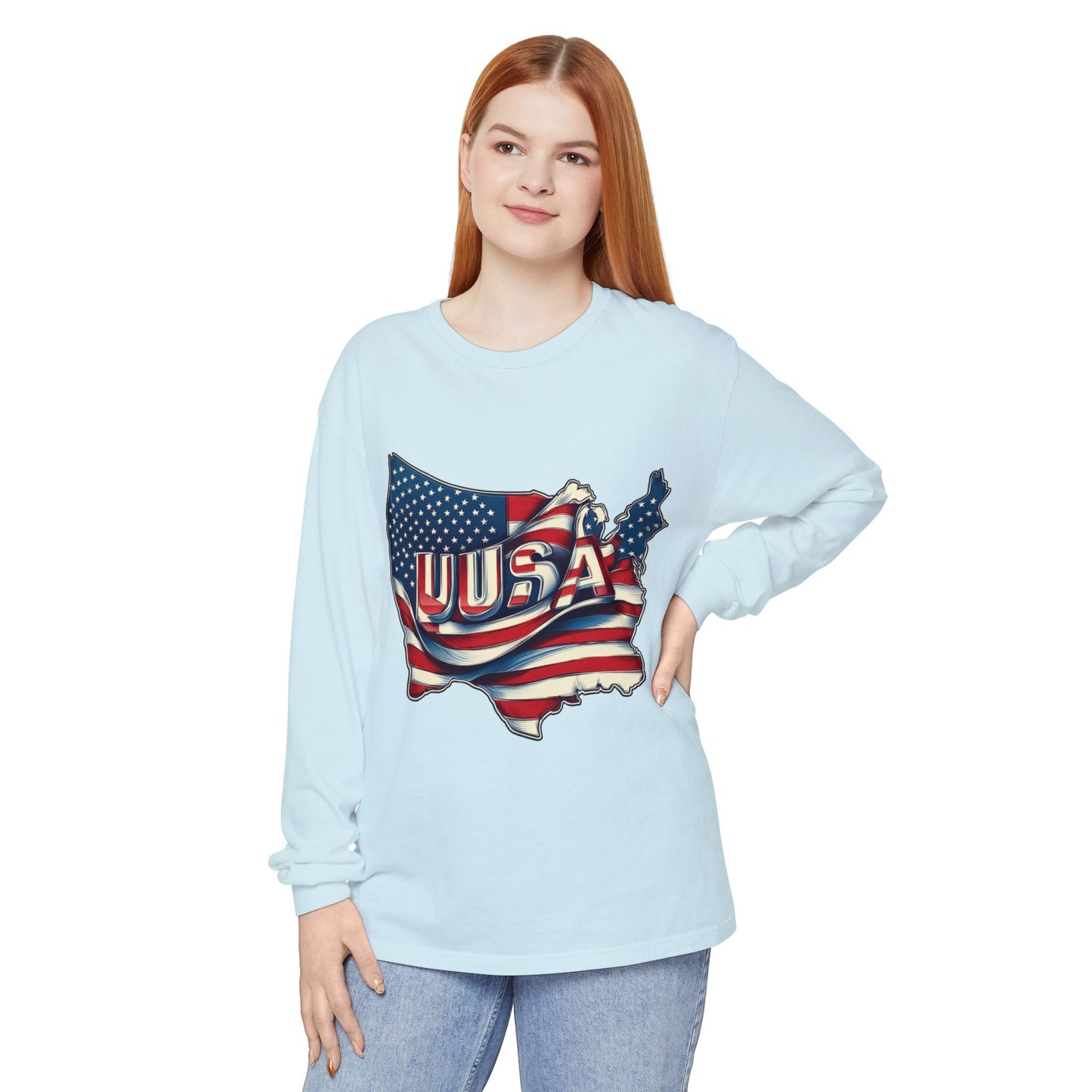 USA Flag Long Sleeve Tee, Unisex Garment-Dyed Shirt, Patriotic Top, All-American Apparel, Independence Day Style, Comfortable Casual Wear