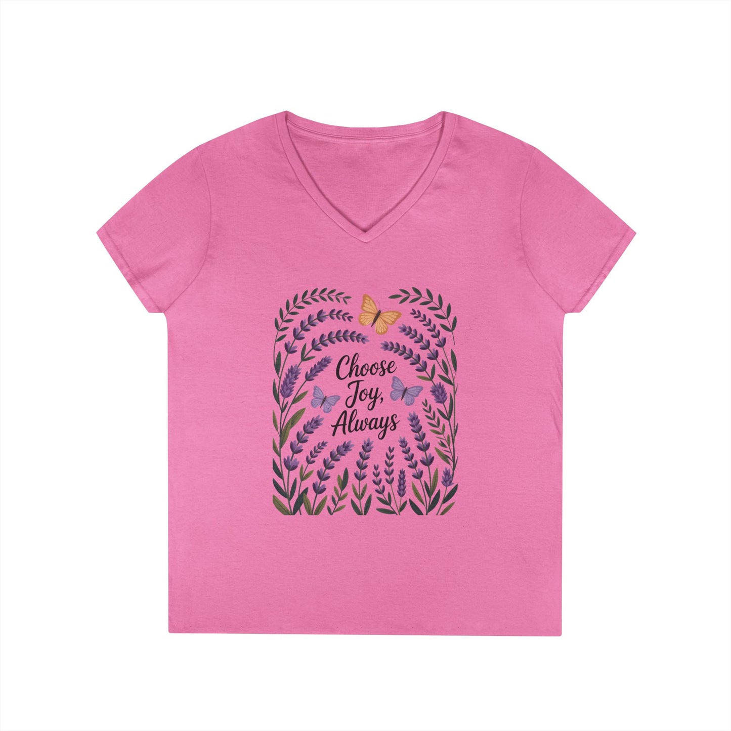 Ladies' V-Neck T-Shirt, Choose Joy Always, Positive Affirmation Tee, Floral Graphic Shirt, Inspirational V-Neck, Lavender Printed Tee