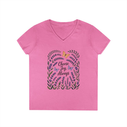 Ladies' V-Neck T-Shirt, Choose Joy Always, Positive Affirmation Tee, Floral Graphic Shirt, Inspirational V-Neck, Lavender Printed Tee