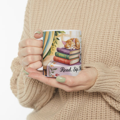 Cozy Cat Lover Mug, Ceramic Coffee Cup for Readers, Gift for Cat Lovers, Relaxing Tea Mug, Perfect for Home & Office, Book Lover Coffee Cup