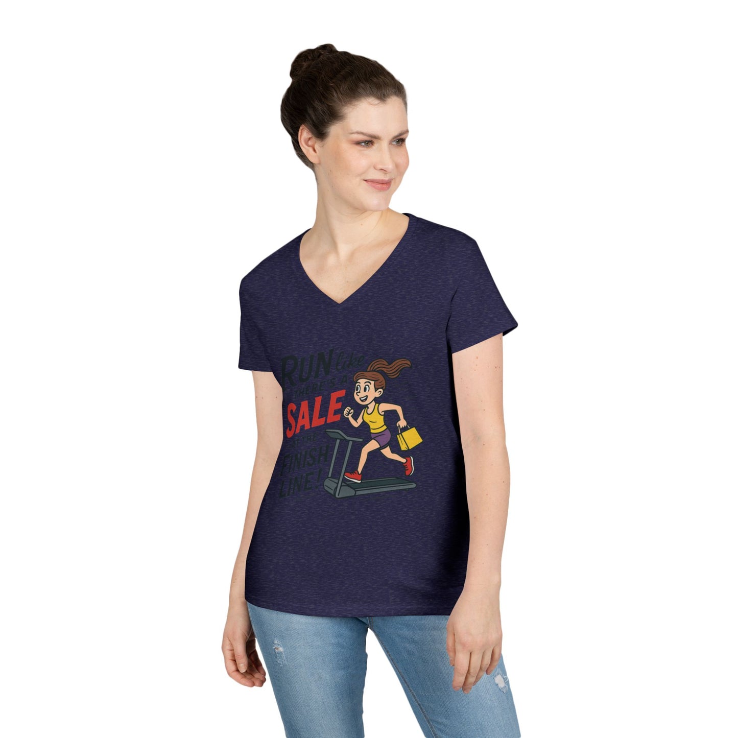 Ladies' V-Neck T-Shirt, Motivational Fitness Tee, Funny Gym Top, Funny Shopping Tee, Treadmill Runner Shirt for Her, For Sale Tee