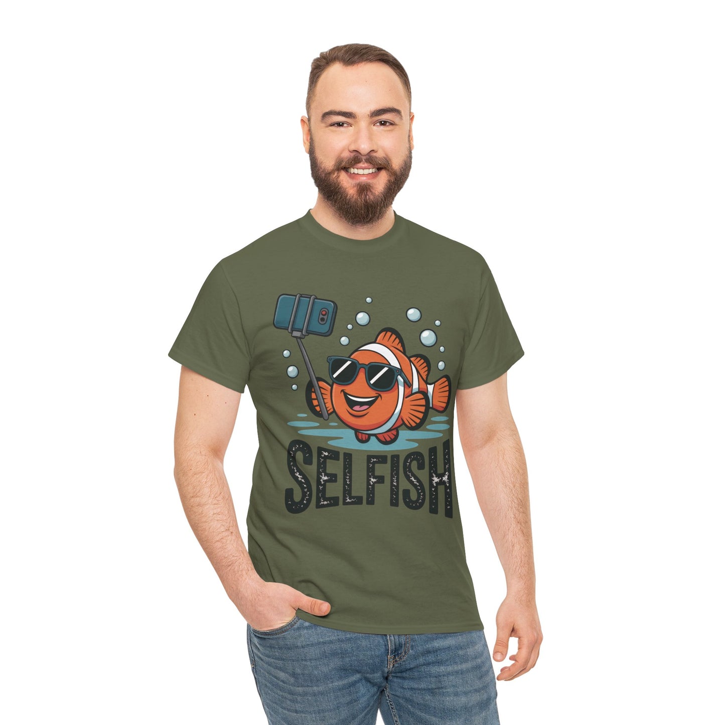 Unisex Heavy Cotton Tee, Mens Selfish Funny Fish T-Shirt, Cute Selfie Graphic Tee, Ocean Humor Shirt