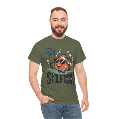 Unisex Heavy Cotton Tee, Mens Selfish Funny Fish T-Shirt, Cute Selfie Graphic Tee, Ocean Humor Shirt