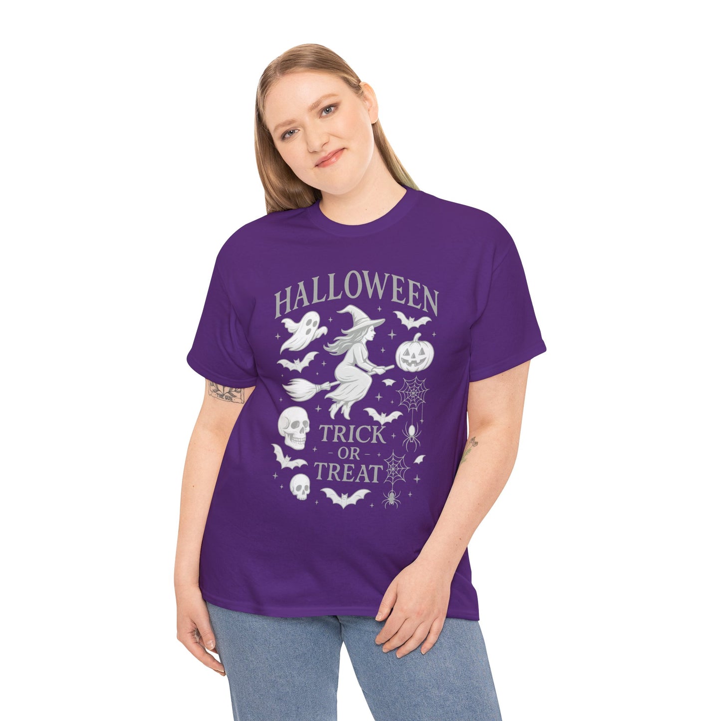 Halloween Witch Flying Broomstick T-Shirt, Trick or Treat Ghost Pumpkin Skull Spider Web Women's Tee