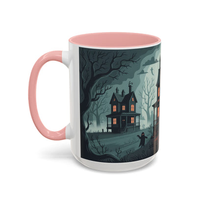 Haunted Mansion Mug, Ghostly Gothic Forest Coffee Cup, Spooky Haunted House Halloween Gift for Horror Lovers, Accent Coffee Mug (11, 15oz)