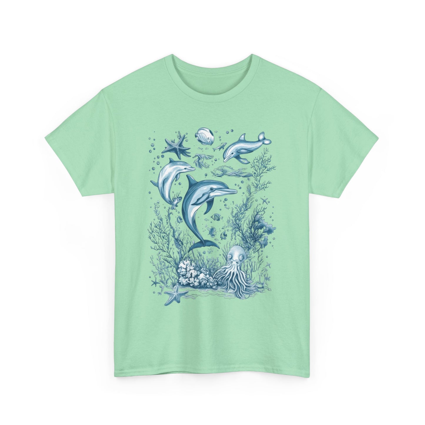 Ocean Life Dolphin T-Shirt, Women's Cotton Tee with Underwater Sea Creatures, Marine Nature Gift Shirt, Perfect for Beach Lovers