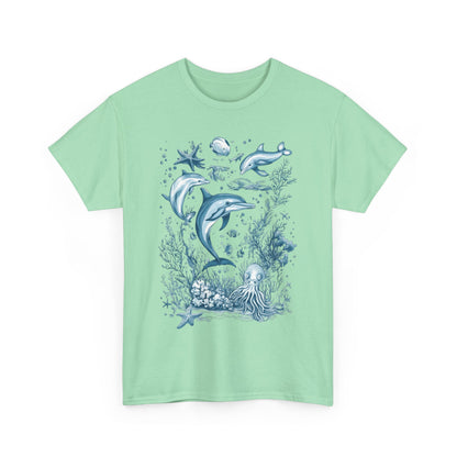 Ocean Life Dolphin T-Shirt, Women's Cotton Tee with Underwater Sea Creatures, Marine Nature Gift Shirt, Perfect for Beach Lovers