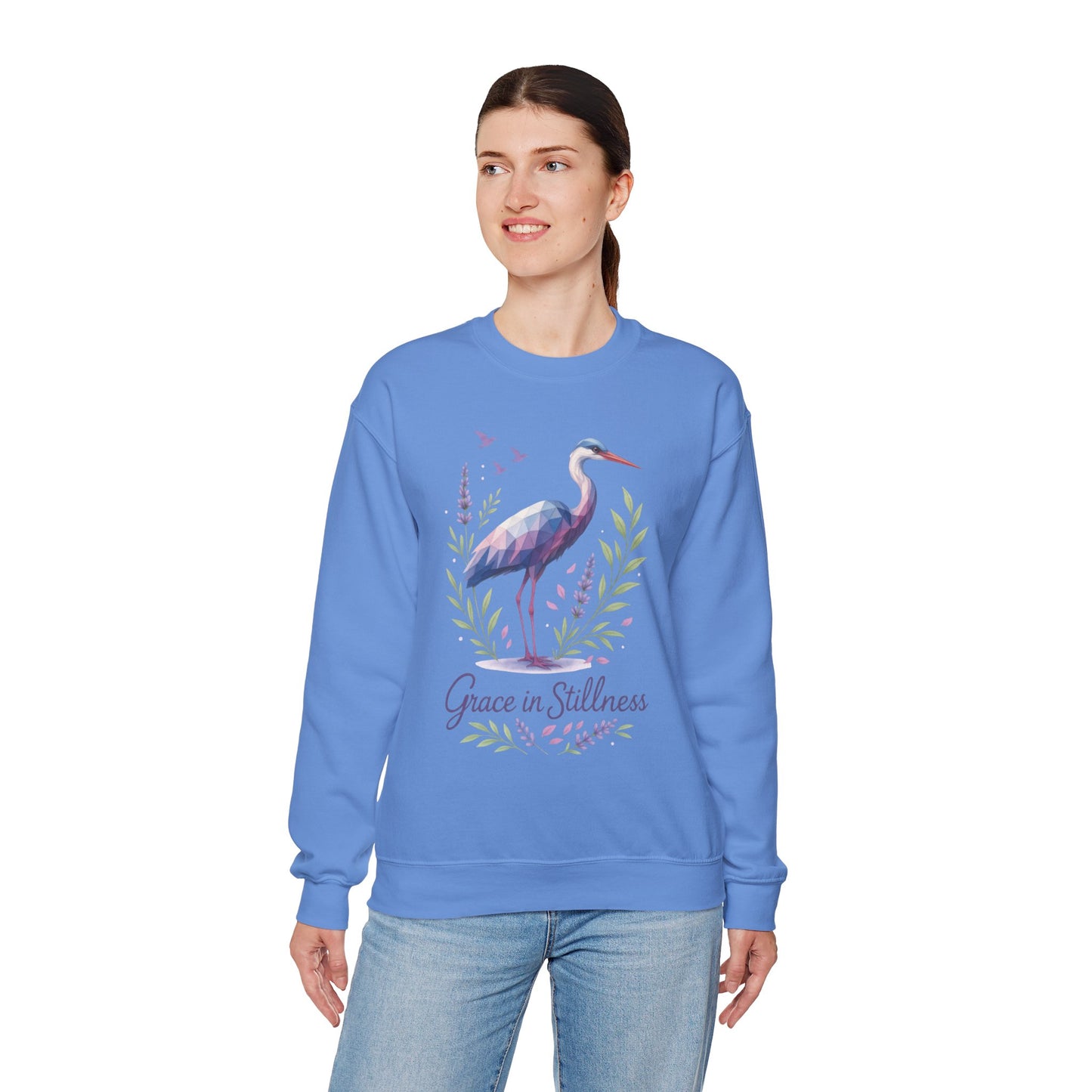 Polygonal Heron Graphic Sweatshirt, Women's Artistic Bird Crewneck, Nature-Inspired Minimalist Design, Geometric Crane, Bird Lovers Gift