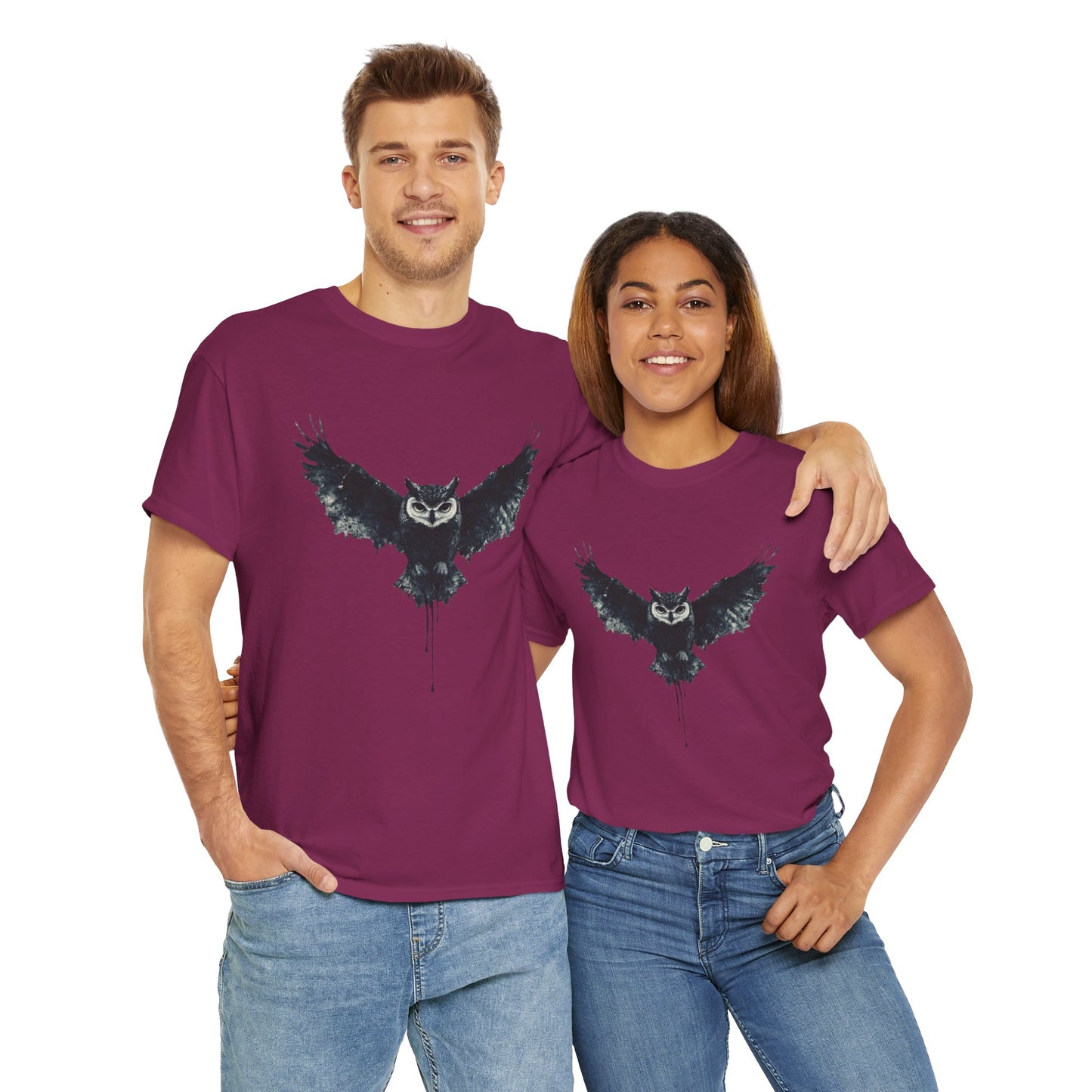 Cool Owl Graphic Unisex Heavy Cotton Tee, Flying Owl Ink Art T-Shirt, Nature Lover Gift, Animal Print Tee, Gothic Bird Graphic Tee