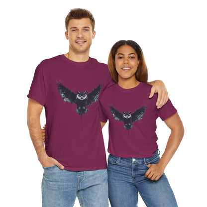 Cool Owl Graphic Unisex Heavy Cotton Tee, Flying Owl Ink Art T-Shirt, Nature Lover Gift, Animal Print Tee, Gothic Bird Graphic Tee