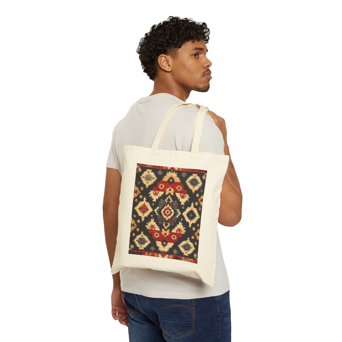 Bohemian Cotton Canvas Tote Bag, Reusable Shopping Bag, Gift for Her, Beach Bag, Travel Companion, Traditional Turkish Carpet Pattern