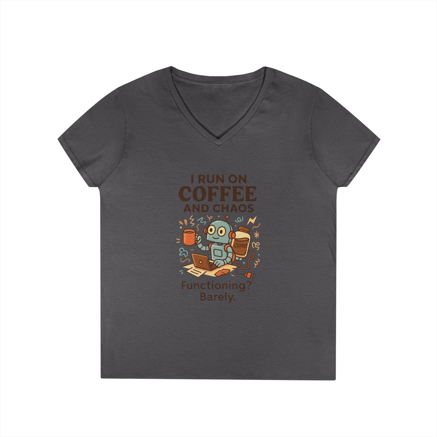 Funny Coffee and Chaos Ladies' V-Neck T-Shirt, Gift for Coffee Lovers, Quirky Tee, Casual Wear, Unique Humor Shirt, Work from Home Humor Tee