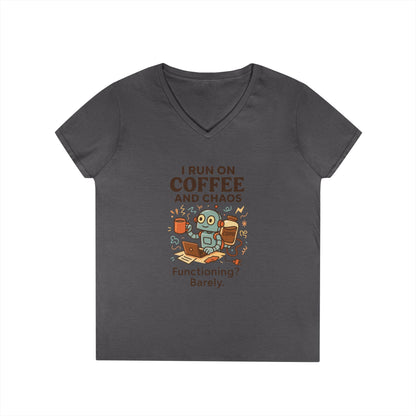 Funny Coffee and Chaos Ladies' V-Neck T-Shirt, Gift for Coffee Lovers, Quirky Tee, Casual Wear, Unique Humor Shirt, Work from Home Humor Tee