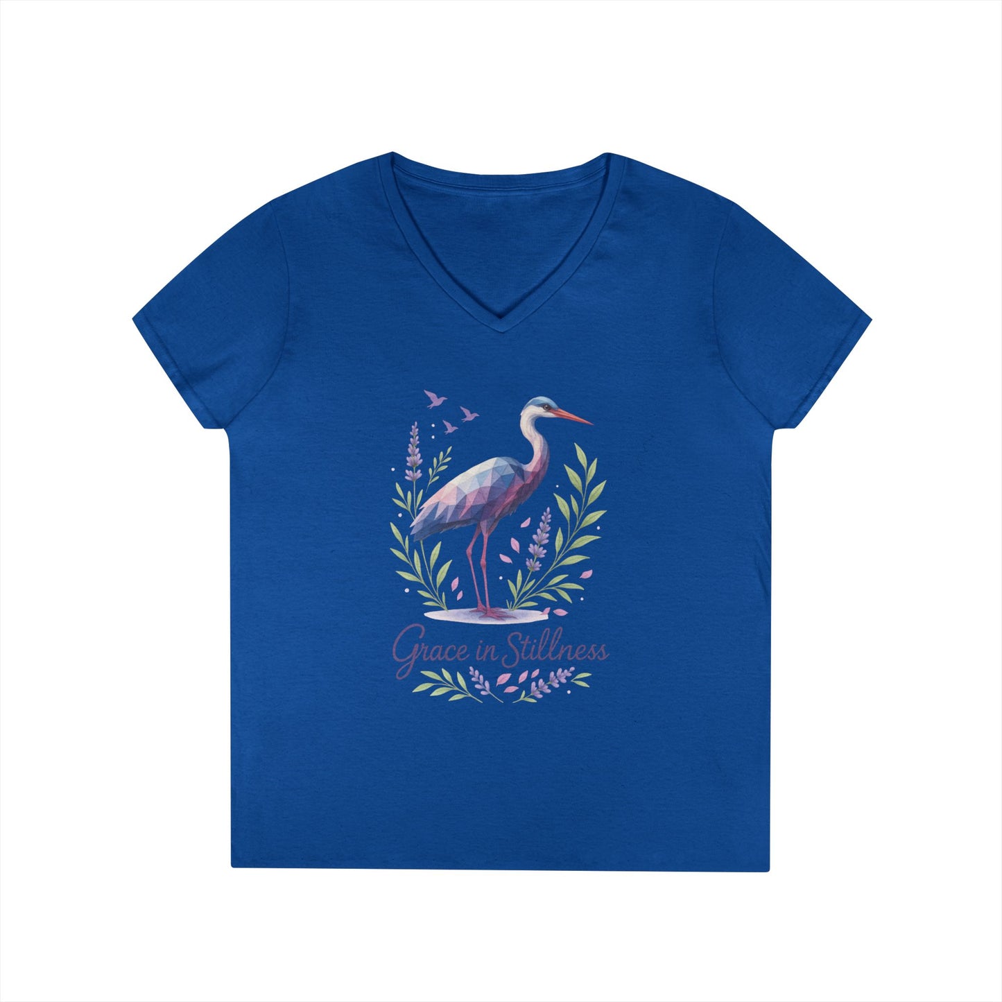 Ladies' V-Neck T-Shirt with Heron Design - Grace in Stillness, Relaxed Fit, Nature-Inspired Gift, Travel Tee, Summer Fashion
