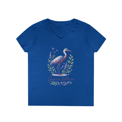 Ladies' V-Neck T-Shirt with Heron Design - Grace in Stillness, Relaxed Fit, Nature-Inspired Gift, Travel Tee, Summer Fashion