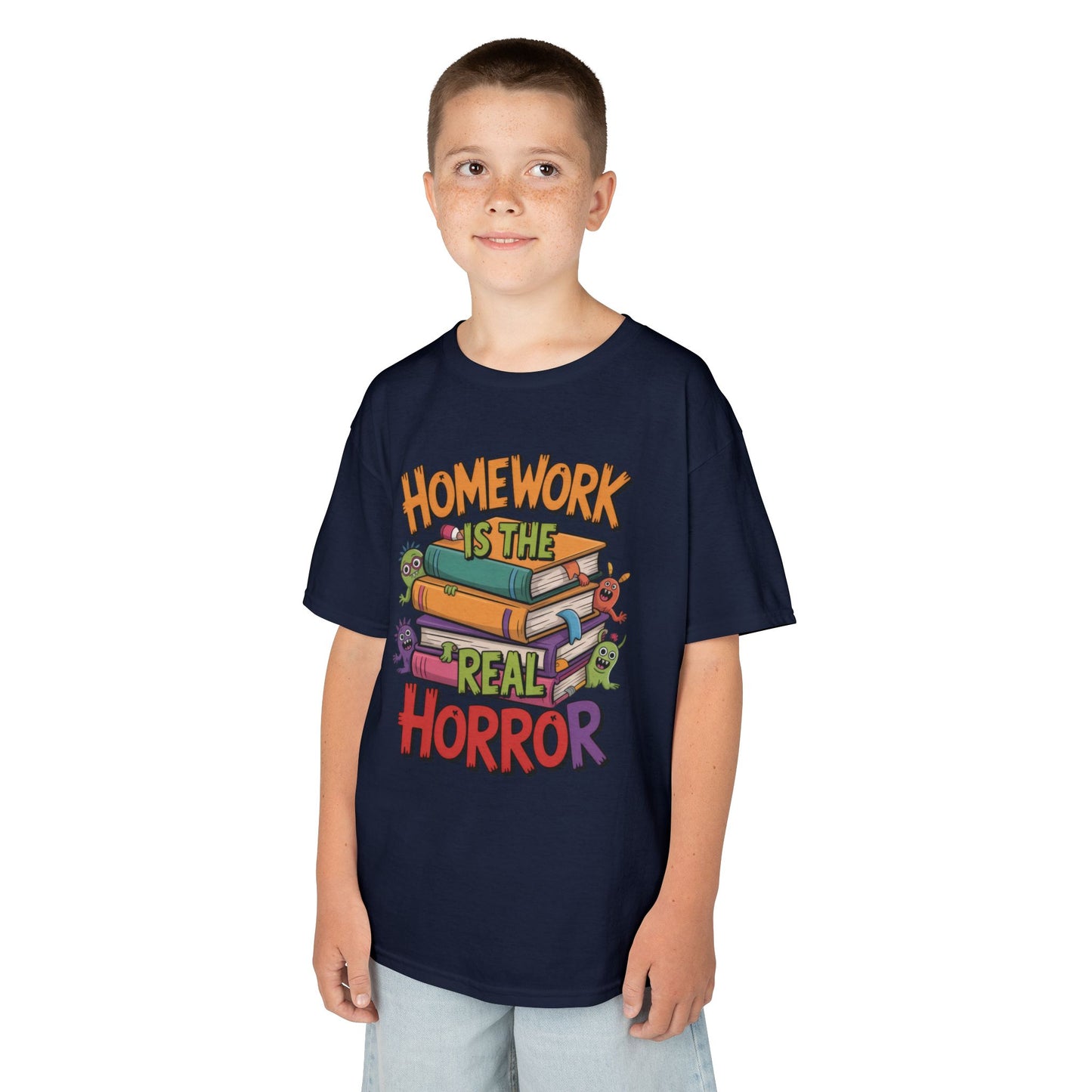 Kids Funny Homework Tee, Cute Monster School Shirt, Homework Is the Real Horror, Back to School Gift for Boys & Girls, Kids Halloween Tee