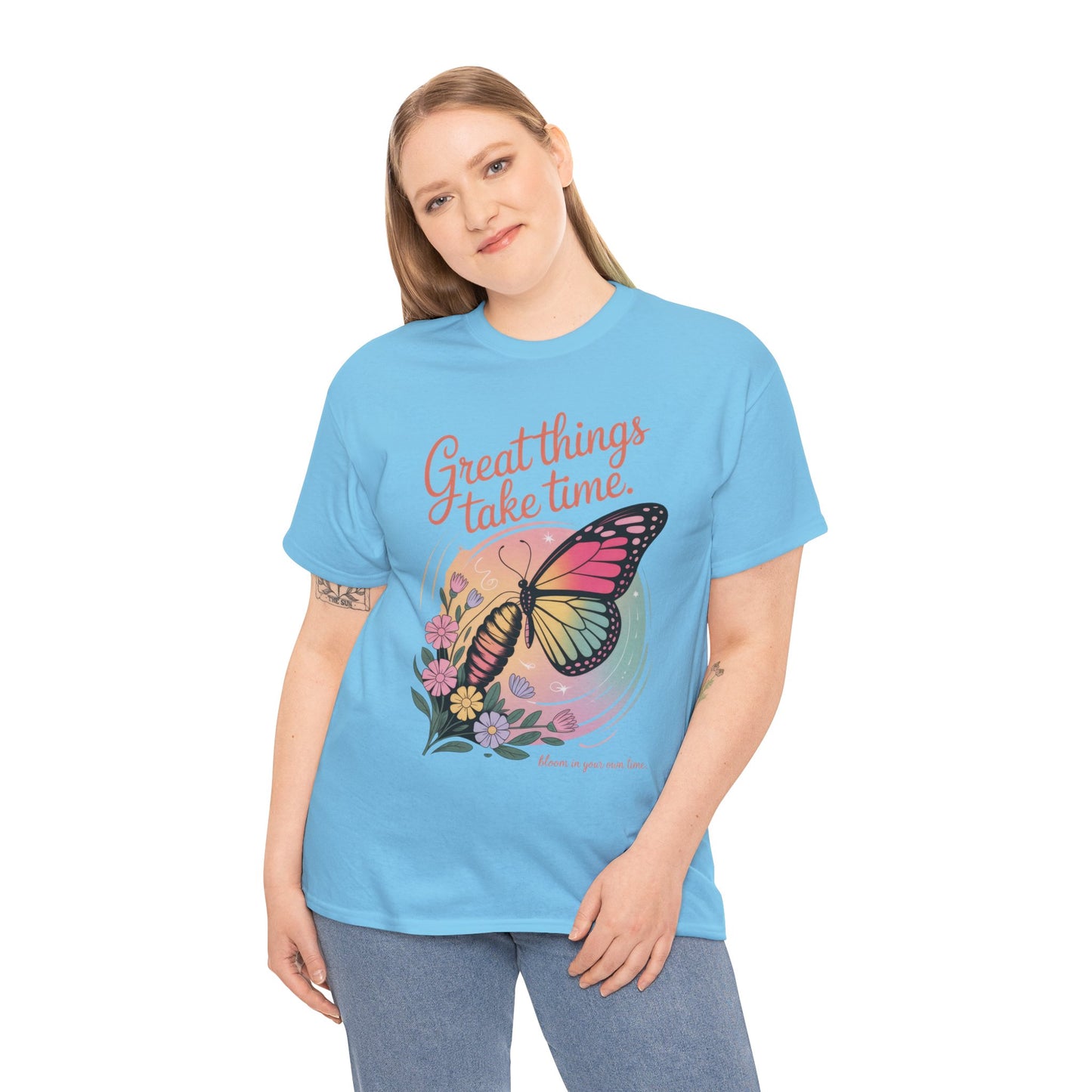Butterfly Motivational Women's Heavy Cotton Tee, Great Things Take Time Shirt, Gift for Nature Lovers, Inspirational Apparel, Summer Outfit