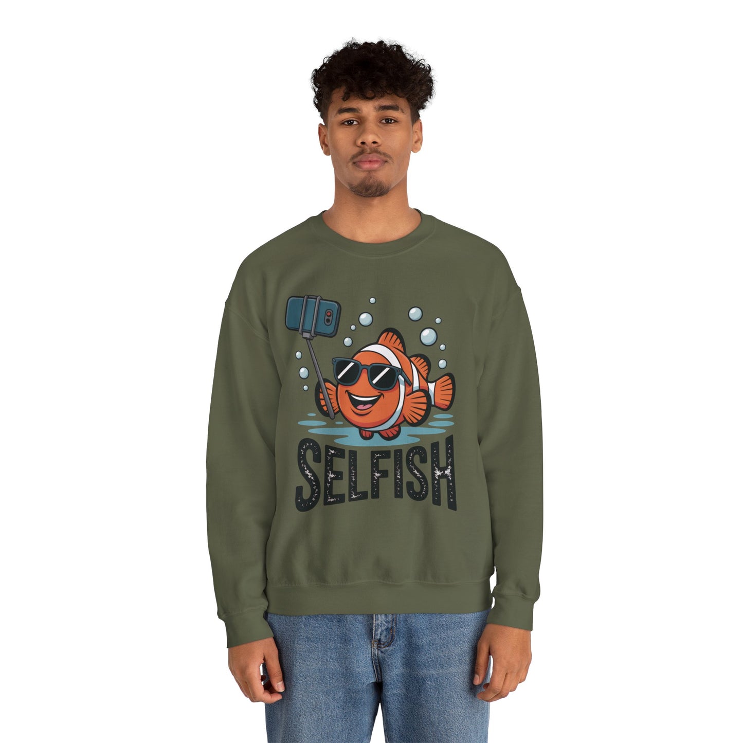 Unisex Heavy Blend™ Crewneck Sweatshirt, Mens Selfish Funny Fish Sweatshirt, Cute Selfie Pullover, Ocean Humor Top