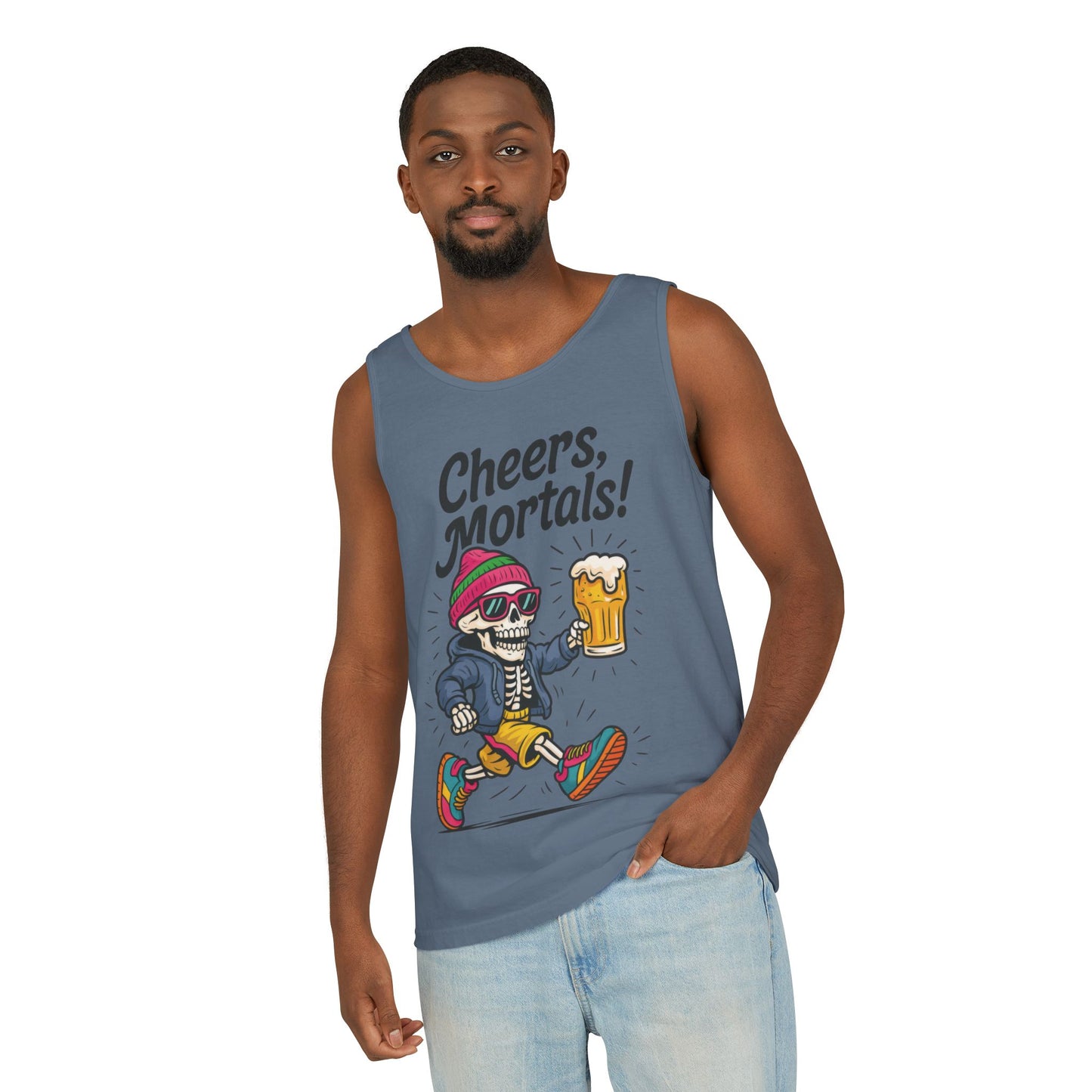 Cheers Mortals! Mens Tank Top, Funny Skeleton Beer Graphic Tee, Drinking Humor Shirt, Party Gift for Him, Halloween Tank,  Beer Lovers Gift