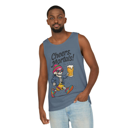 Cheers Mortals! Mens Tank Top, Funny Skeleton Beer Graphic Tee, Drinking Humor Shirt, Party Gift for Him, Halloween Tank,  Beer Lovers Gift