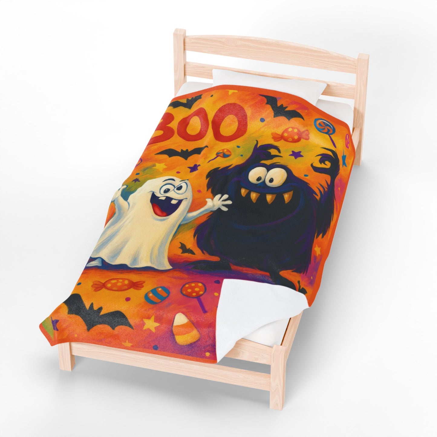 Cute Ghost and Monster Halloween Velveteen Plush Blanket, Fun Kids Throw, Spooky Cute Boo Design, Cozy Fall Blanket Gift