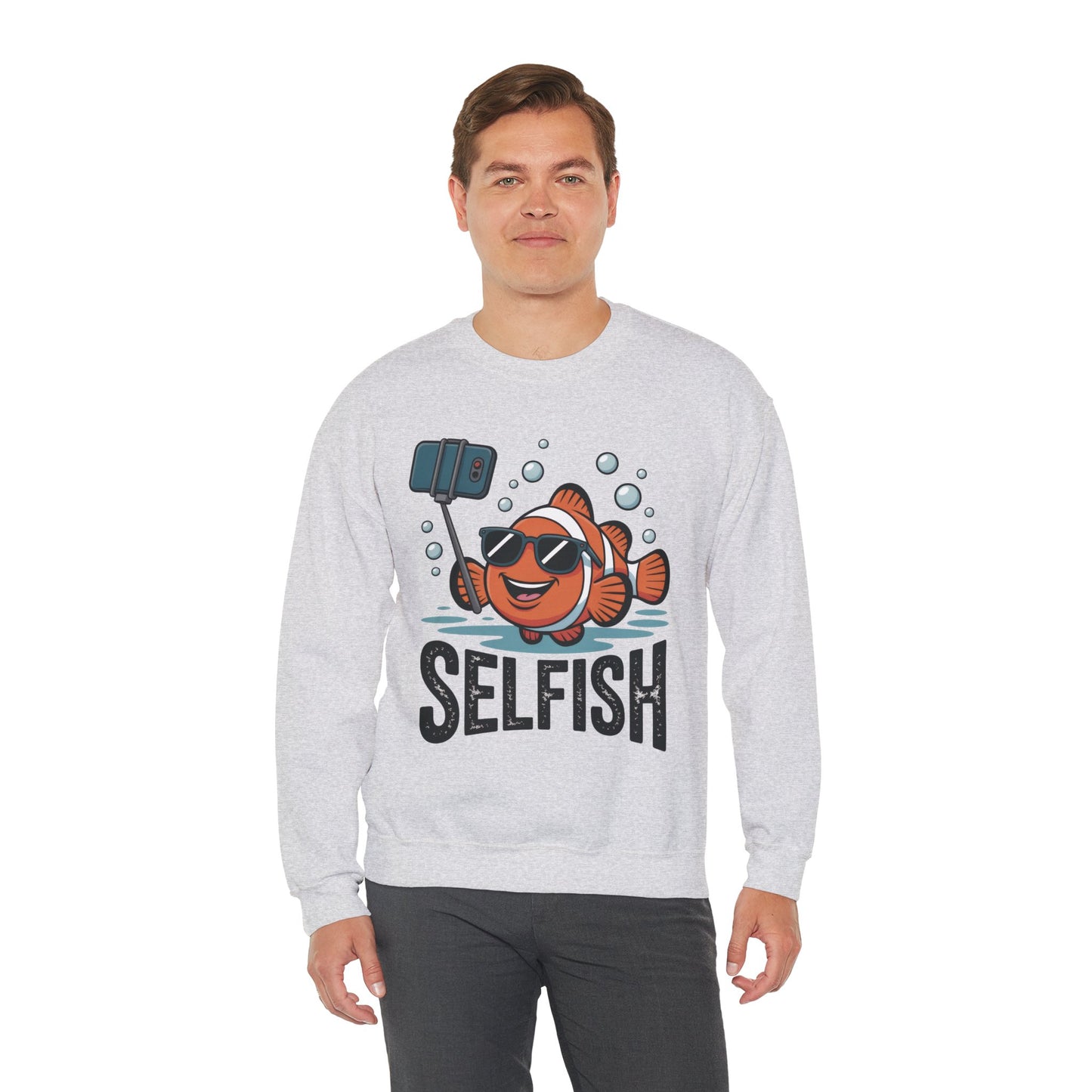 Unisex Heavy Blend™ Crewneck Sweatshirt, Mens Selfish Funny Fish Sweatshirt, Cute Selfie Pullover, Ocean Humor Top