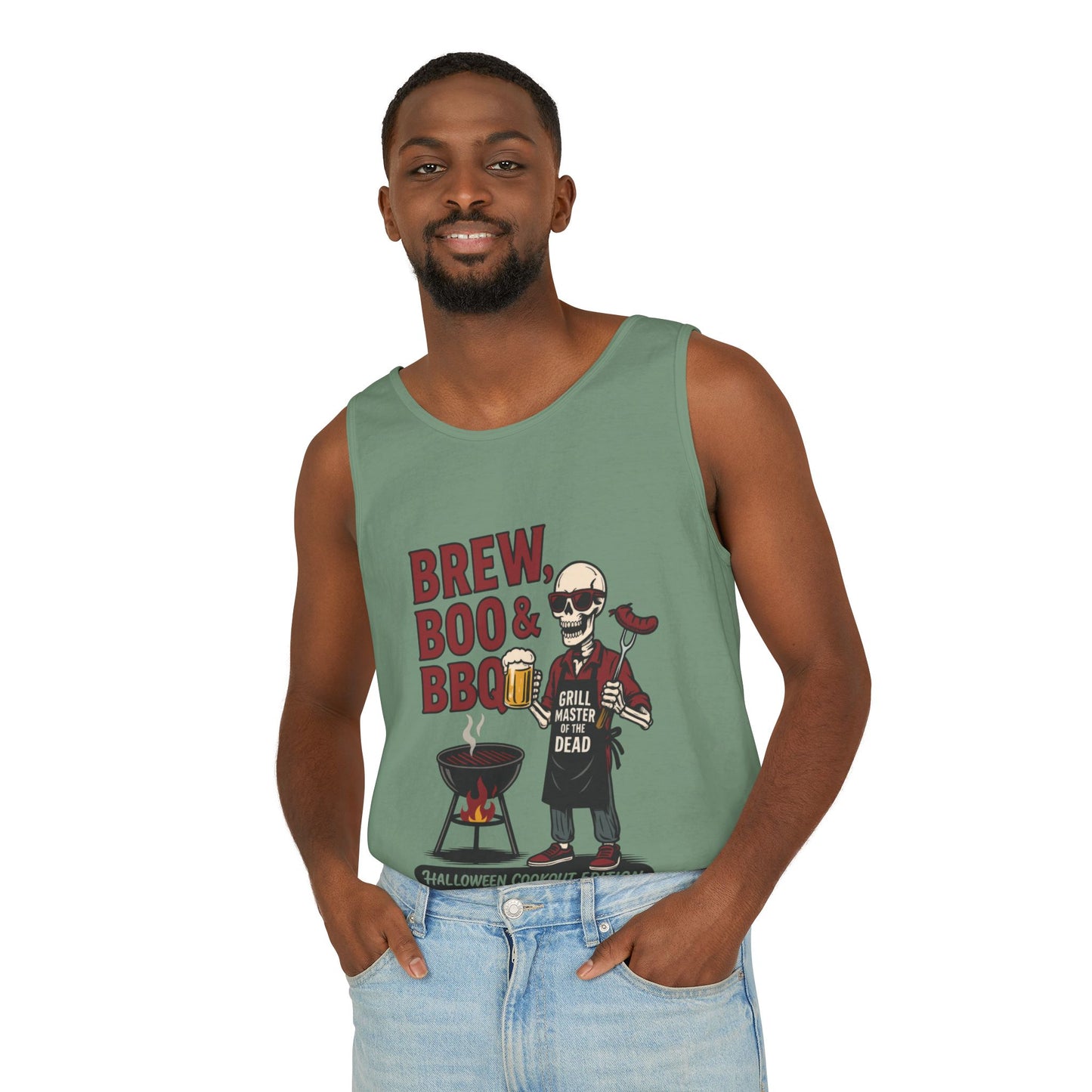 Halloween BBQ Men's Tank Top, Brew Boo & BBQ Skeleton Grill Master, Funny Dad Gift, Grill Master Top, Funny Skeleton Top