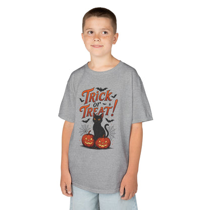 Cute Trick or Treat Black Cat T-Shirt for Girls Boys, Fun Spooky Halloween Tee, Pumpkin Cat Shirt for Kids, Fall Party Outfit