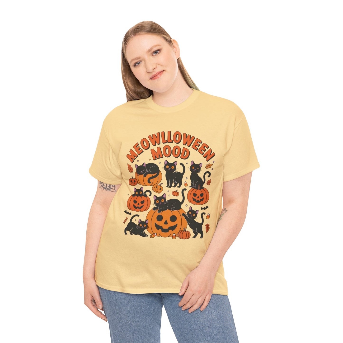 Meowlloween Mood Cat Shirt for Women, Cute Black Cat and Pumpkin Halloween Tee, Cozy Fall Kawaii Spooky Graphic Top, Cat Lover Gift