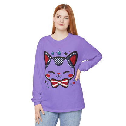 Cute Patriotic Cat Long Sleeve Women's T-Shirt, Fourth of July, Cat Lovers Gift, Casual Wear, Perfect for Holidays and Celebrations