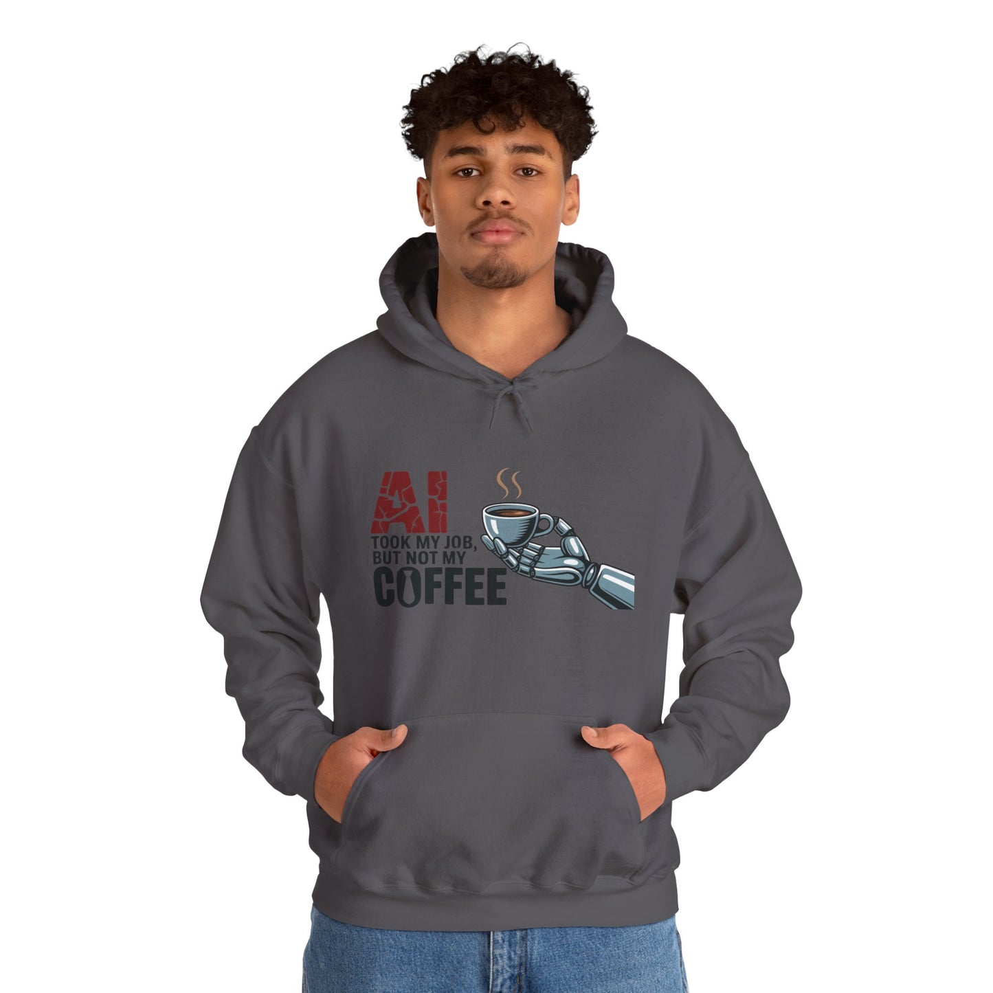 AI Coffee Hoodie, Funny Robot Humor Pullover, Geek Job Joke Sweatshirt Gift, Men's Heavy Blend™ Hooded Sweatshirt, Sarcastic Work Shirt