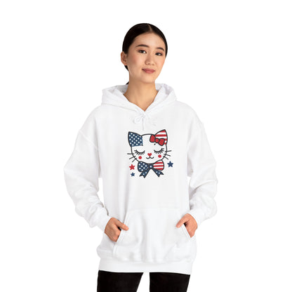 Cute Cat Patriot Women's Hoodie, Women's Heavy Blend Sweatshirt, Gift for Cat Lovers, 4th of July Apparel, Perfect for Independence Day