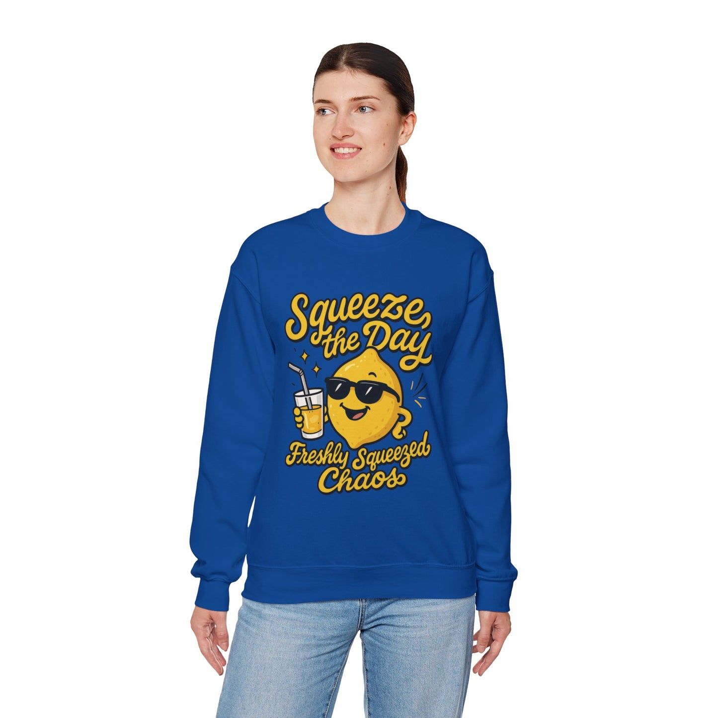 Funny Lemon Womens Sweatshirt - Squeeze The Day Freshly Squeezed Chaos Cozy Pullover - Citrus Positive Crewneck Sweatshirt, Cheerful Fashion
