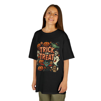 Kids Trick or Treat T-Shirt, Halloween Graphic Tee with Pumpkins, Ghosts & Vampires, Fun Spooky Shirt for Children