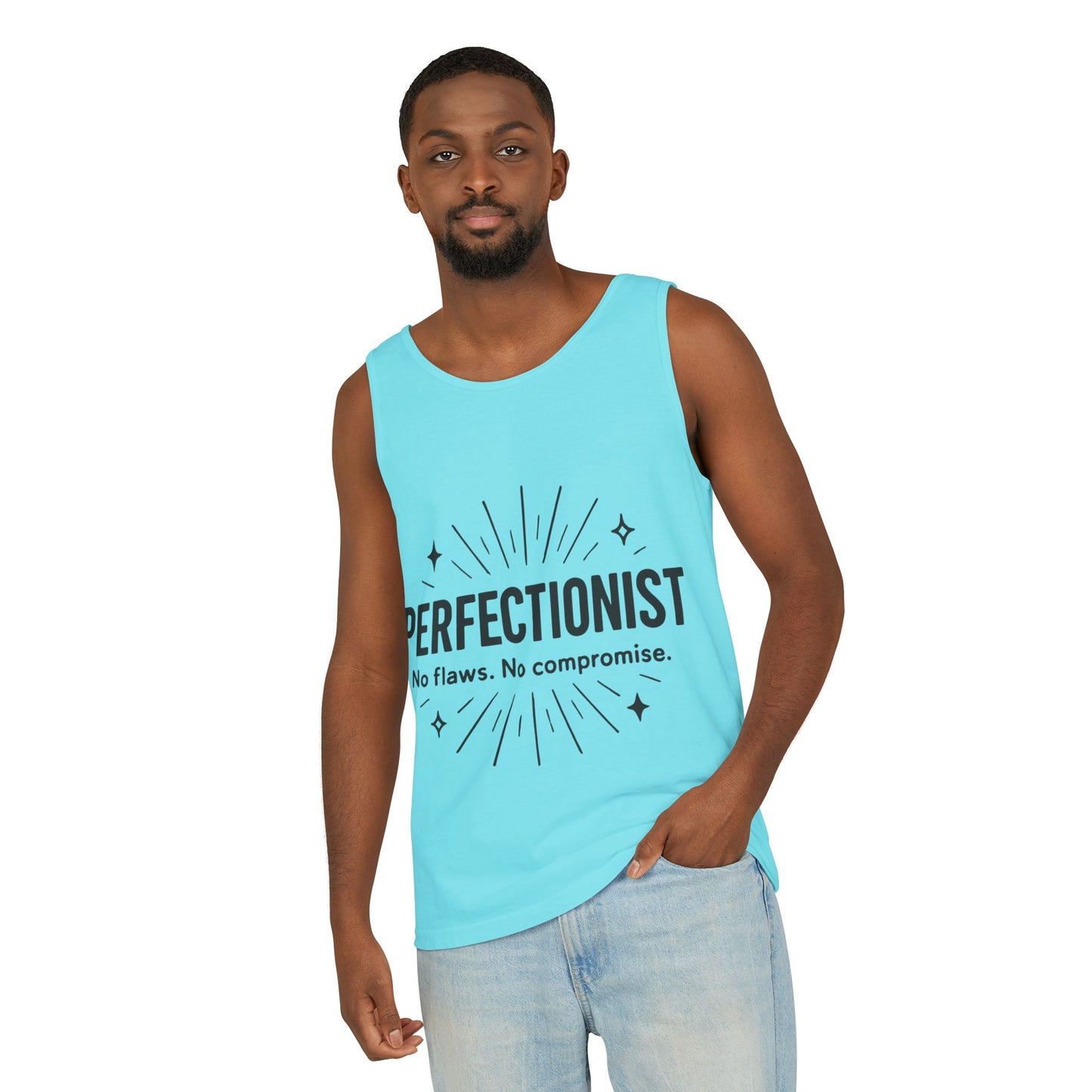Mens Perfectionist Tank Top, No Flaws No Compromise, Minimal Bold Graphic Tee, Gift for OCD, Clean Freak, or Detail-Oriented Men