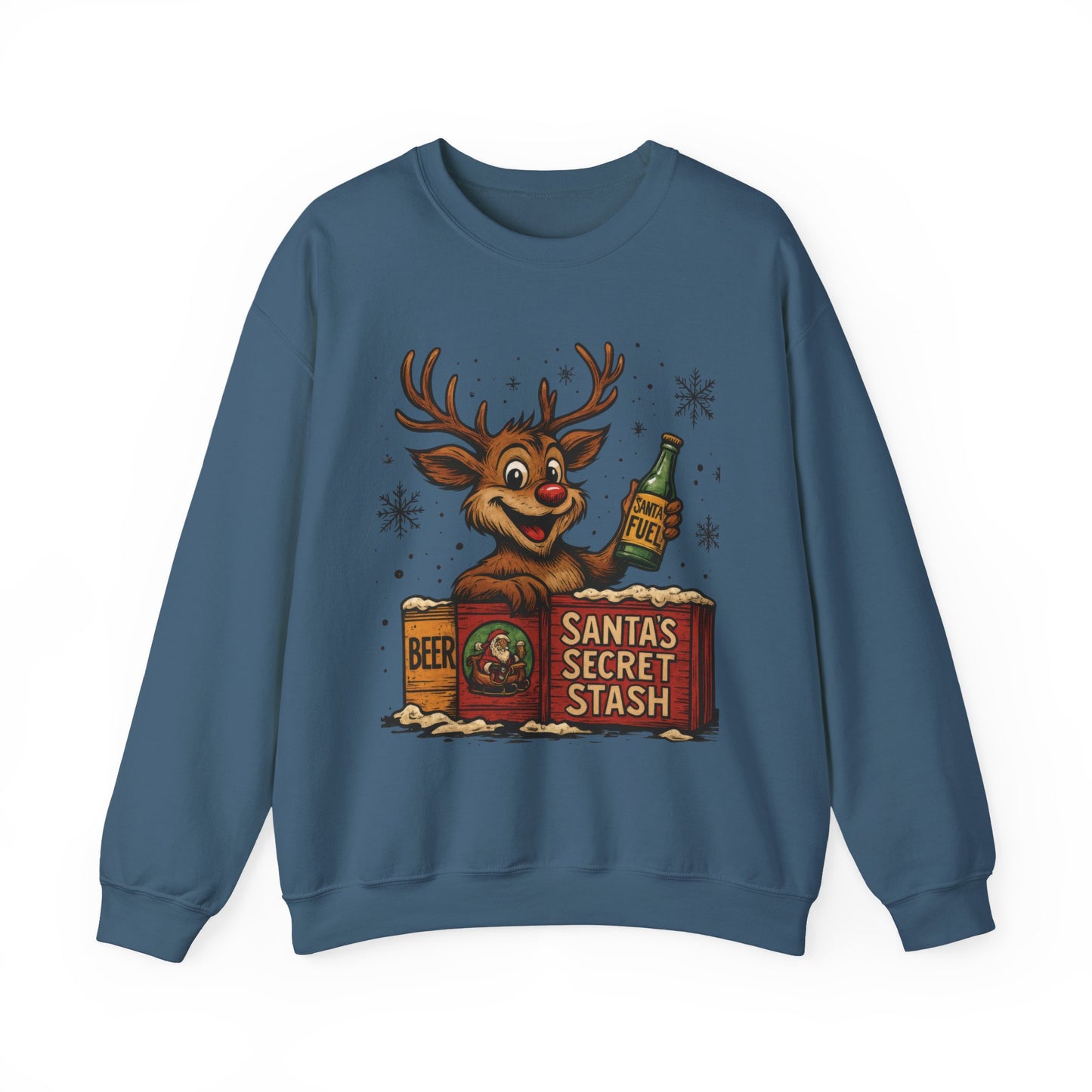Mens Funny Christmas Sweatshirt, Santa's Secret Stash Reindeer Pullover, Men's Heavy Blend™ Crewneck Sweatshirt