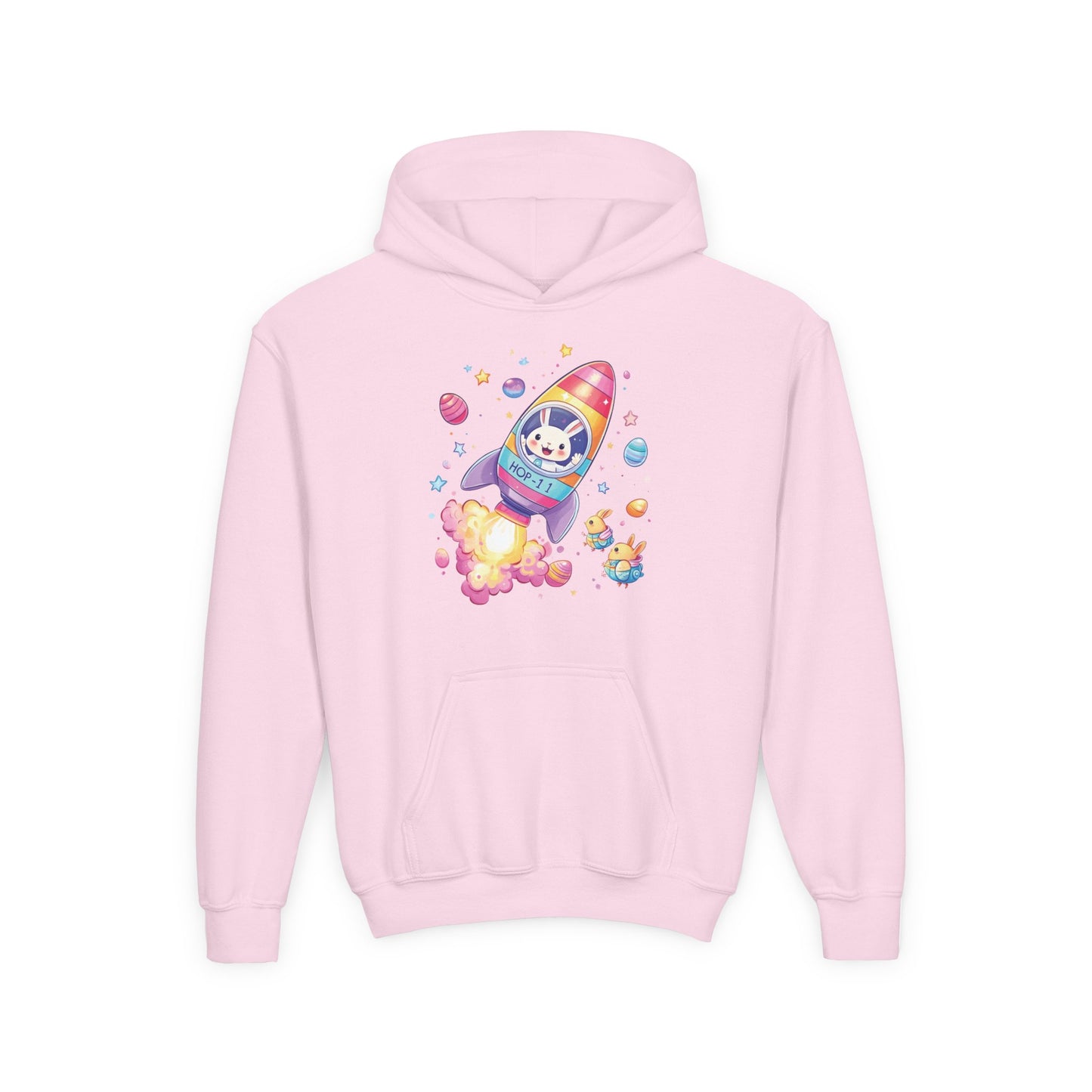Easter Astronaut Bunny Kids Hoodie - Rocket Bunny Design with Colorful Eggs, Fun Space Adventure Sweatshirt for Spring and Holiday Gifts