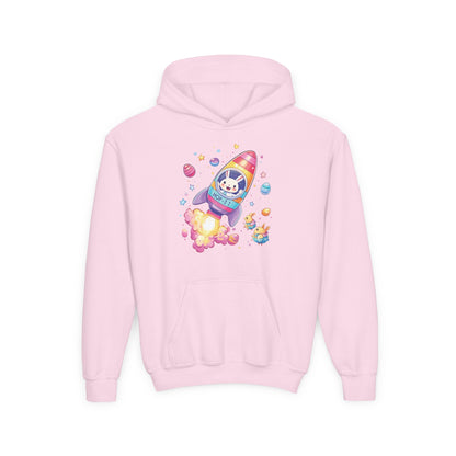 Easter Astronaut Bunny Kids Hoodie - Rocket Bunny Design with Colorful Eggs, Fun Space Adventure Sweatshirt for Spring and Holiday Gifts