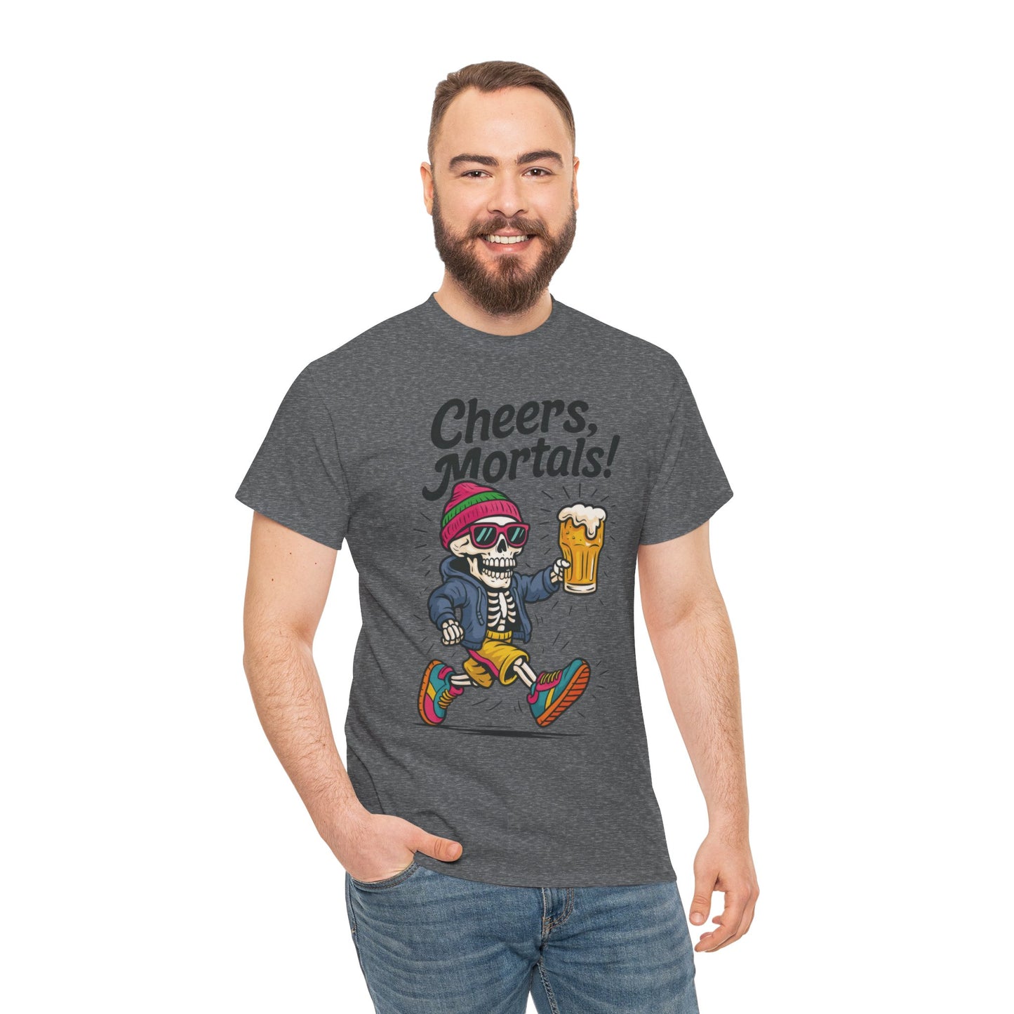 Cheers, Mortals! Mens Tee, Funny Skeleton Beer Graphic Tee, Cool Drinking Humor Shirt, Party Gift for Him, Halloween Tee,  Beer Lovers Gift