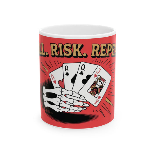 Roll Risk Repeat Poker Mug, Bold Tattoo Style Coffee Cup with Joker Card, Gambling Gift, Gothic Drinkware, Poker Lovers Mug