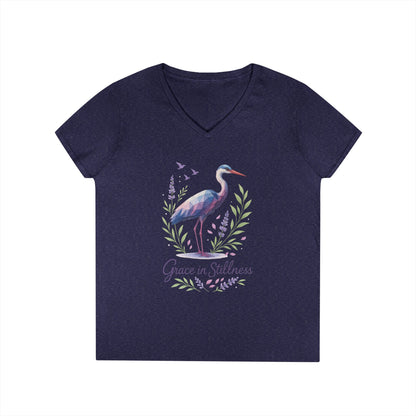 Ladies' V-Neck T-Shirt with Heron Design - Grace in Stillness, Relaxed Fit, Nature-Inspired Gift, Travel Tee, Summer Fashion