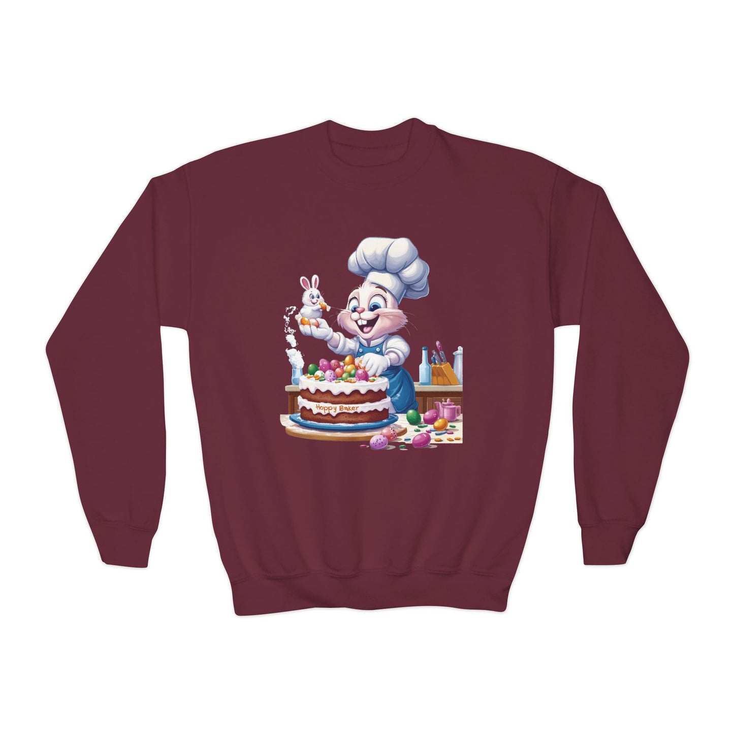 Hoppy Baker Easter Bunny Youth Sweatshirt - Cute Spring Crewneck for Kids with Chef Bunny and Cake, Fun Holiday Gift for Easter Lovers
